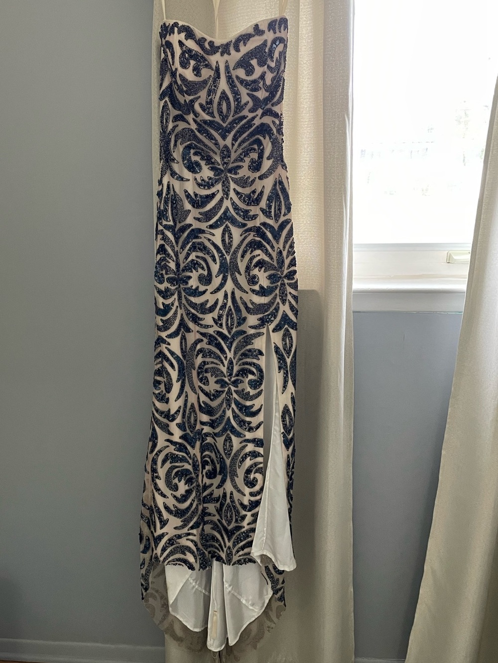 Strapless Navy and Ivory Sequin gown perfect for prom or mother of the bride
